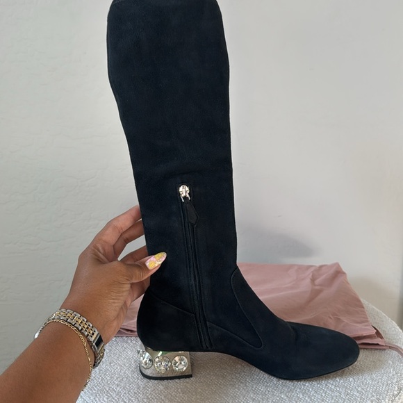 MIU MIU Prada Suede Crystal Jeweled Heel Knee High Boots Size 37 / US 7 - Picture 8 of 10
